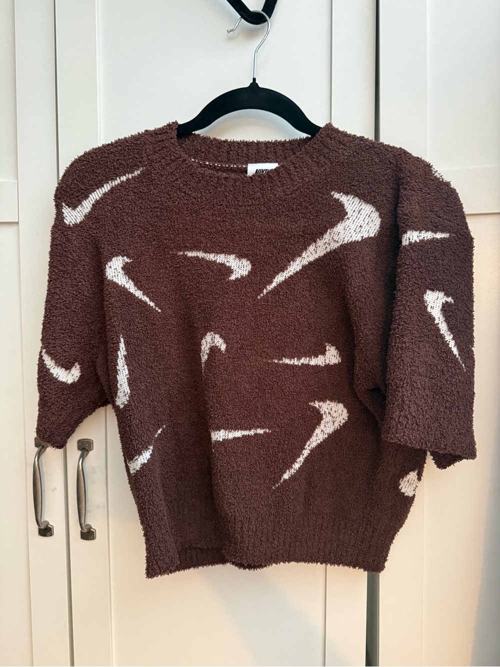 Nike Brown & White Crewneck Sweater with Swoosh Pattern